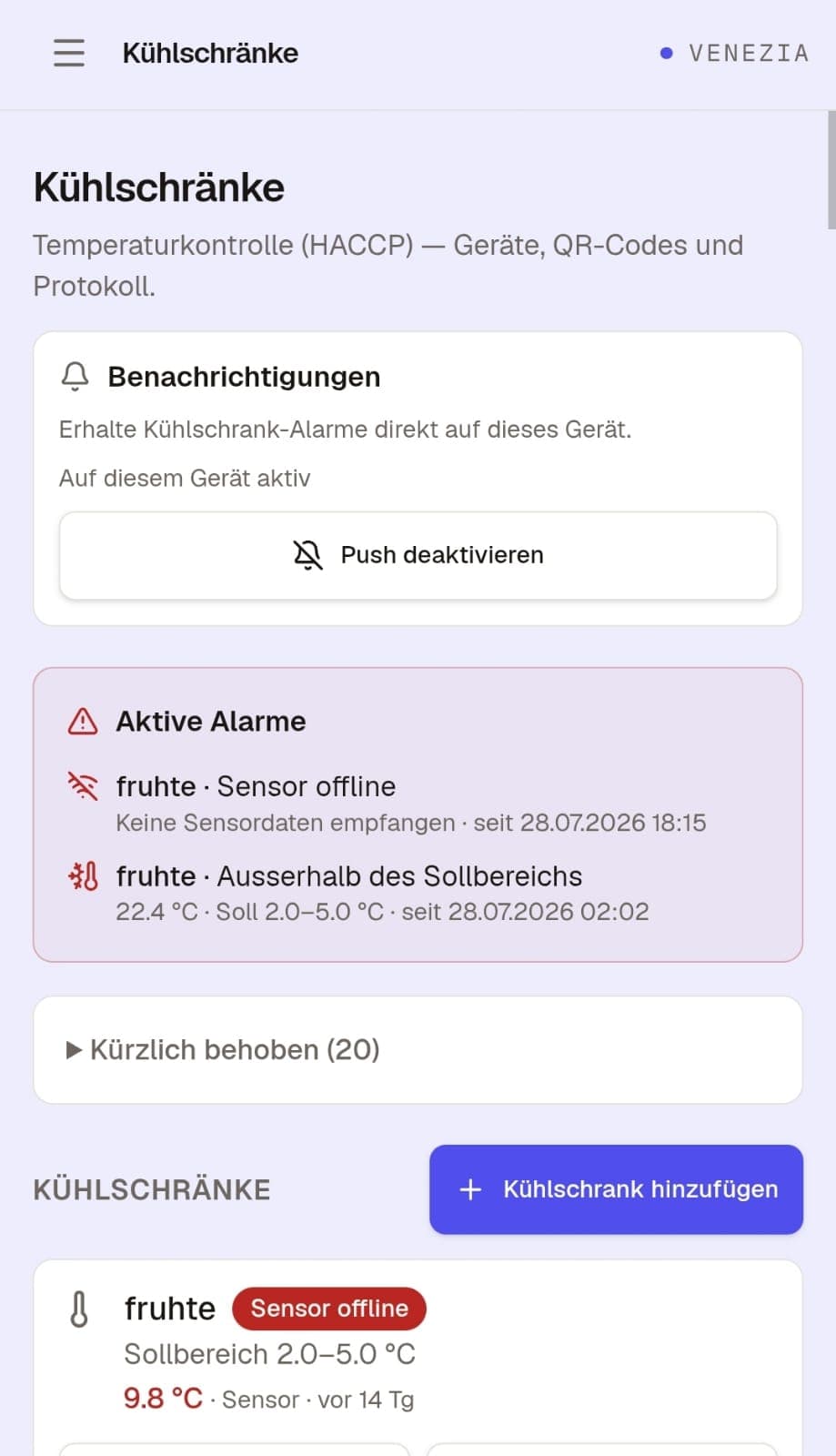 Mobile Kühlschrankalarme in Gastrobrand